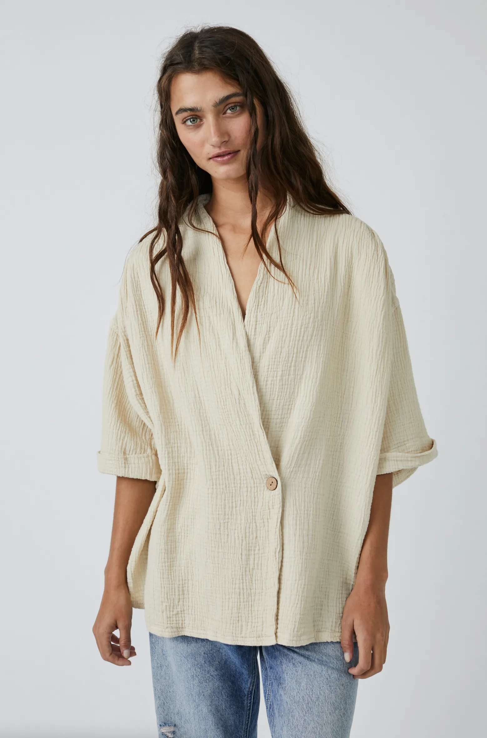 Free People Lou Blazer Shirt in Summer Khaki
