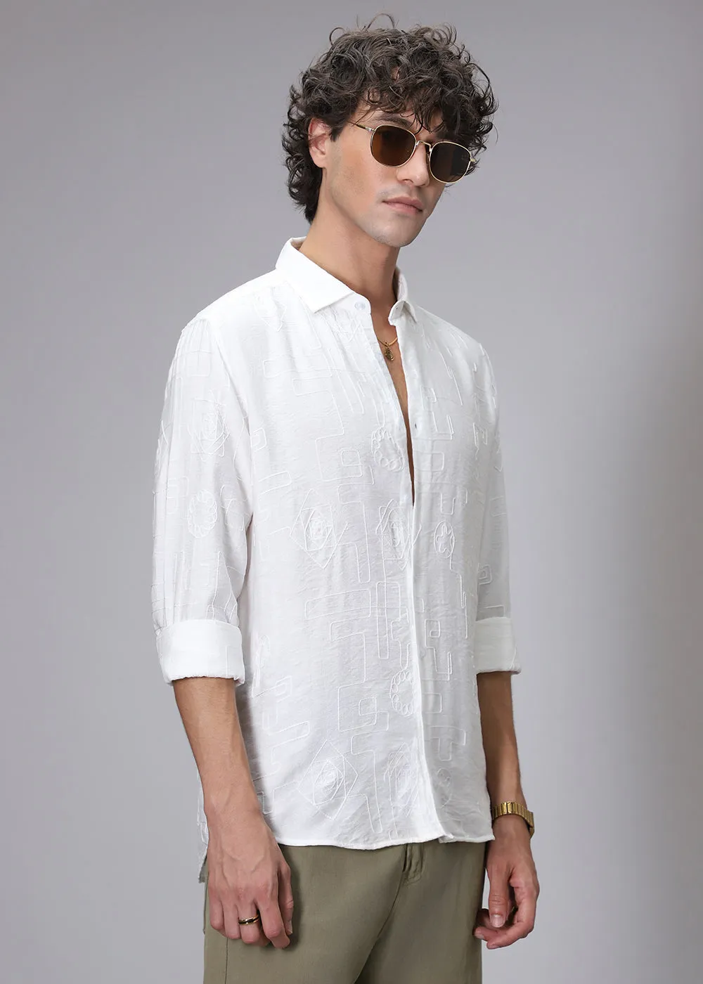 Frost White illusion Embroidery Shirt