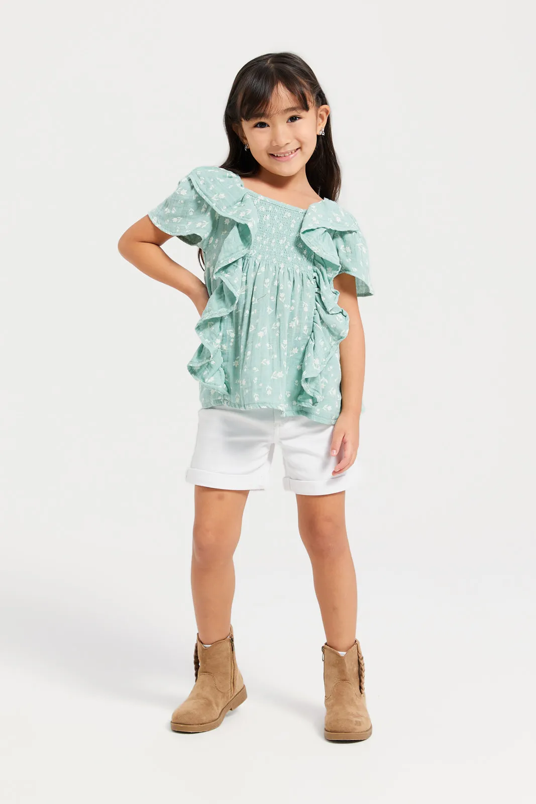 Girls Green Gauze Smocking Printed Top