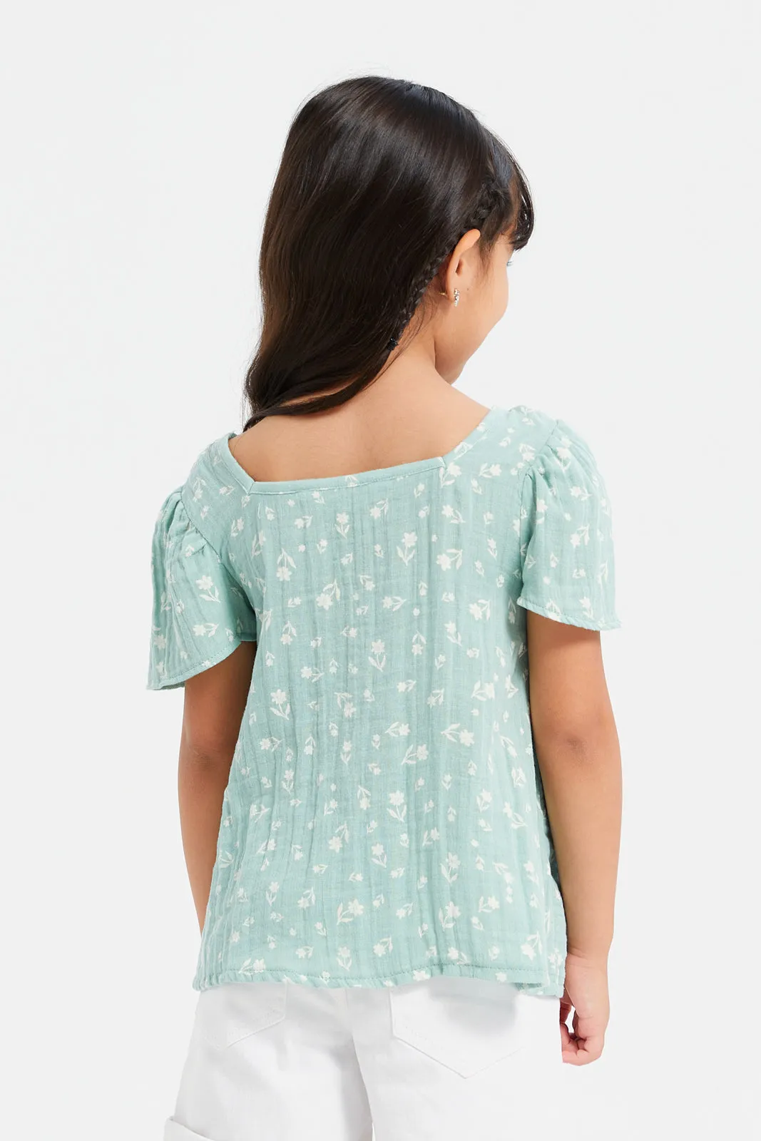 Girls Green Gauze Smocking Printed Top