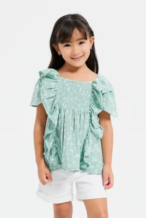 Girls Green Gauze Smocking Printed Top