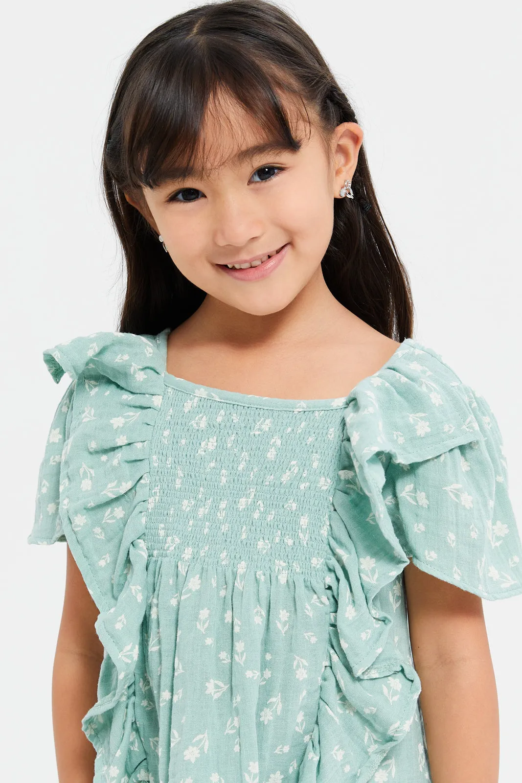 Girls Green Gauze Smocking Printed Top