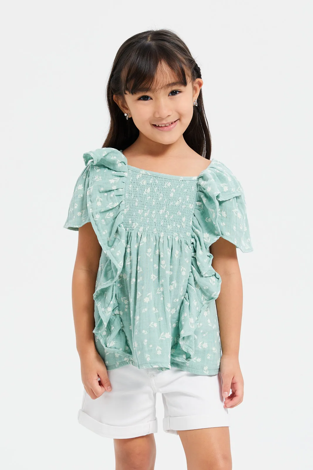 Girls Green Gauze Smocking Printed Top
