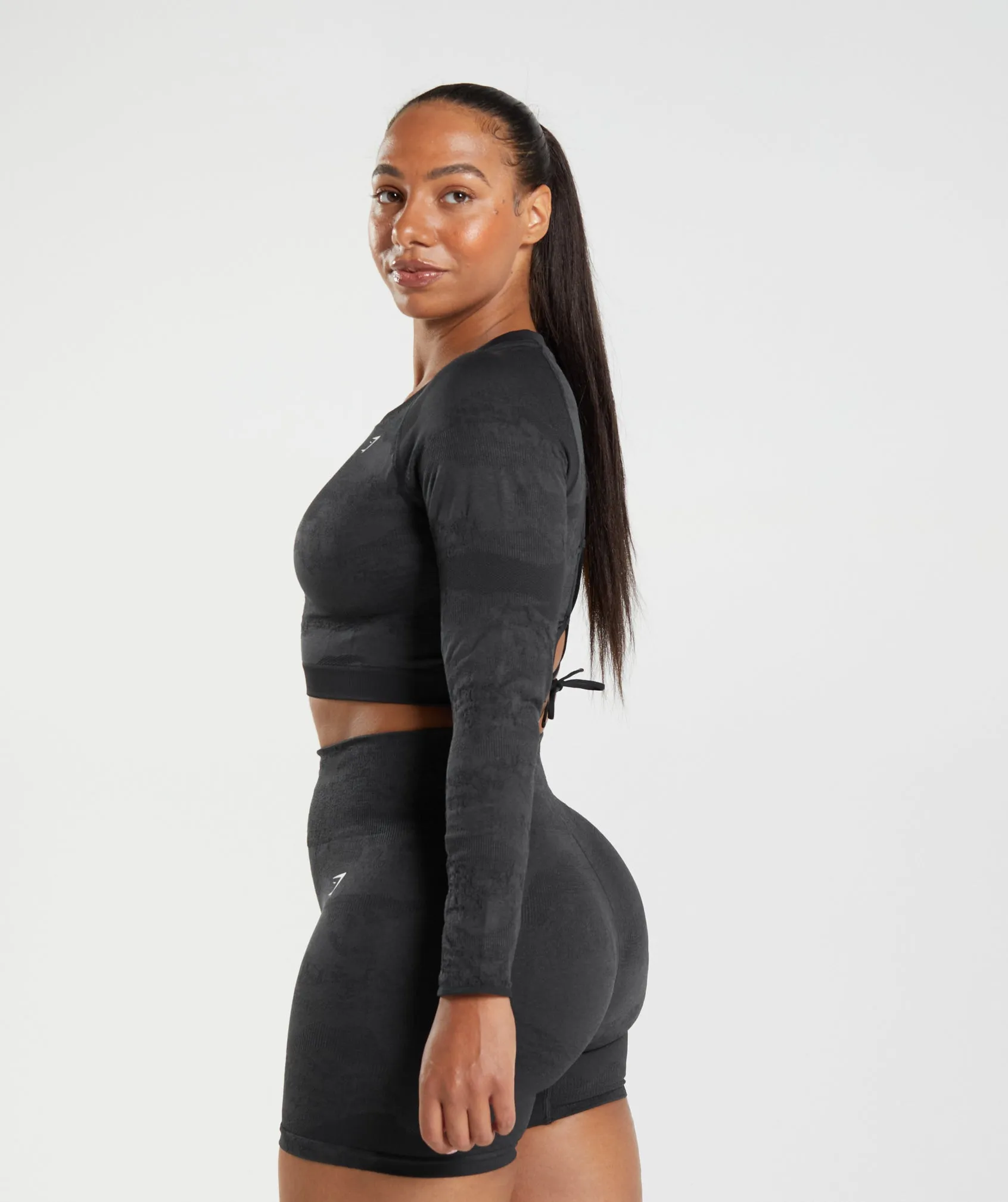 Gymshark Adapt Camo Seamless Lace Up Back Top - Black/Onyx Grey