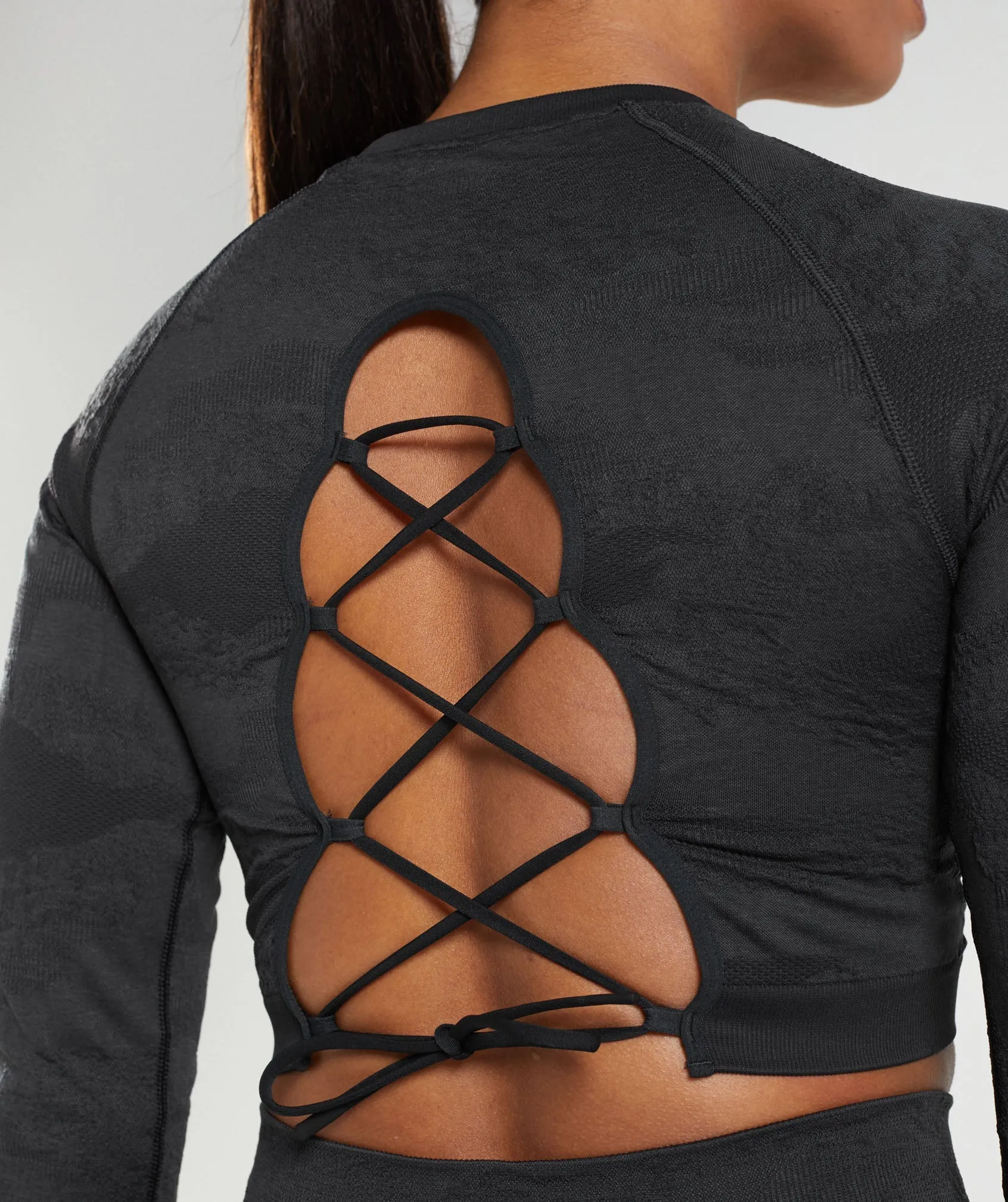 Gymshark Adapt Camo Seamless Lace Up Back Top - Black/Onyx Grey