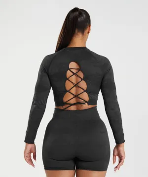 Gymshark Adapt Camo Seamless Lace Up Back Top - Black/Onyx Grey