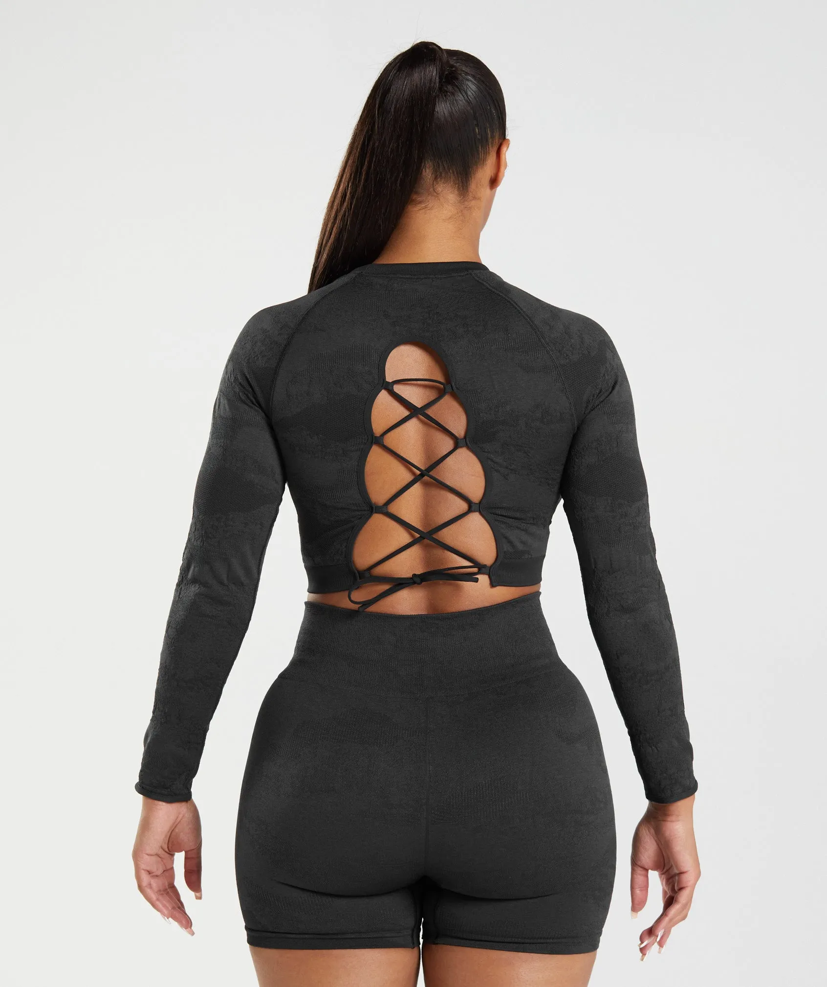Gymshark Adapt Camo Seamless Lace Up Back Top - Black/Onyx Grey