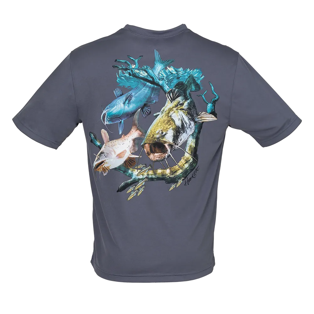 Hook M' Men's Freshwater Short Sleeve Performance Shirt - Catfish Slam Grisaille