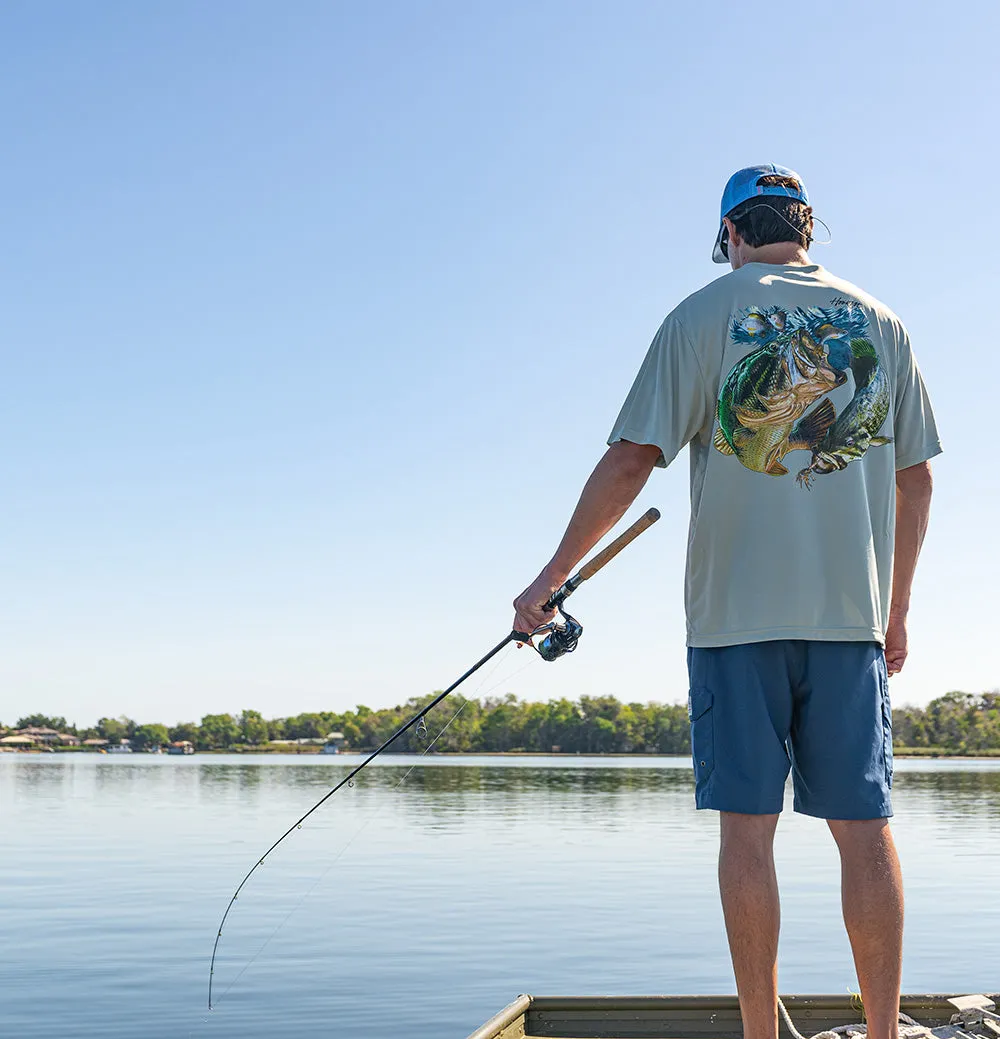 Hook M' Men's Freshwater Short Sleeve Performance Shirt - Light Sage Bass Slam