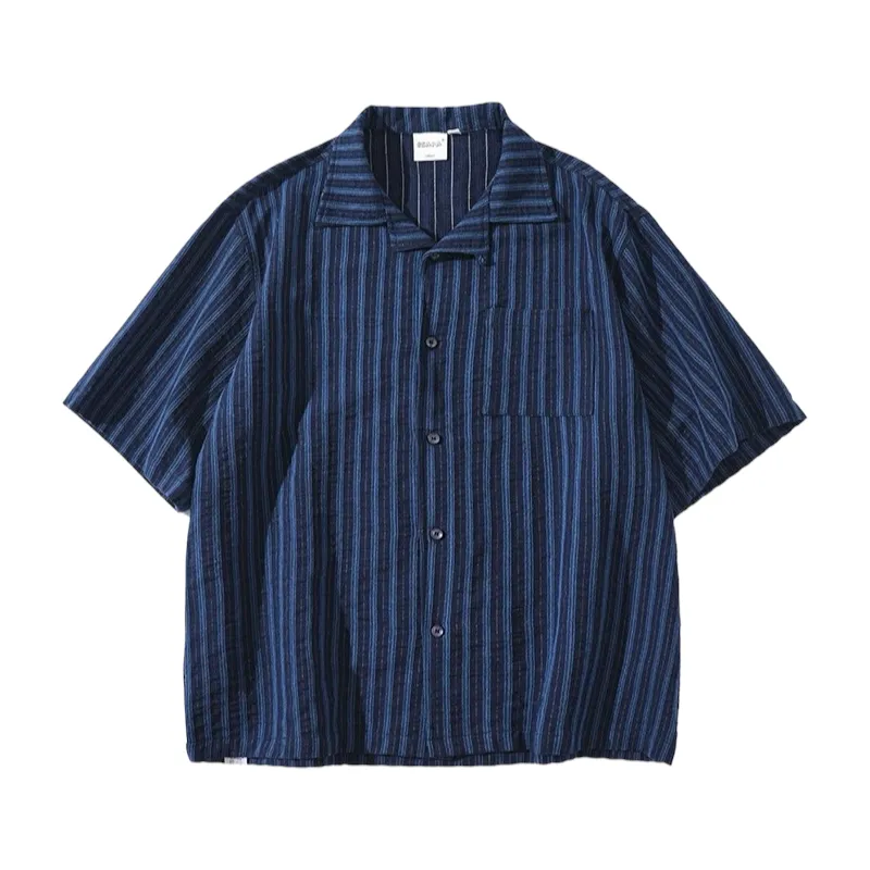 Indigo dobby stripe oversize camp shirt