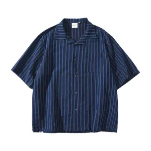 Indigo dobby stripe oversize camp shirt