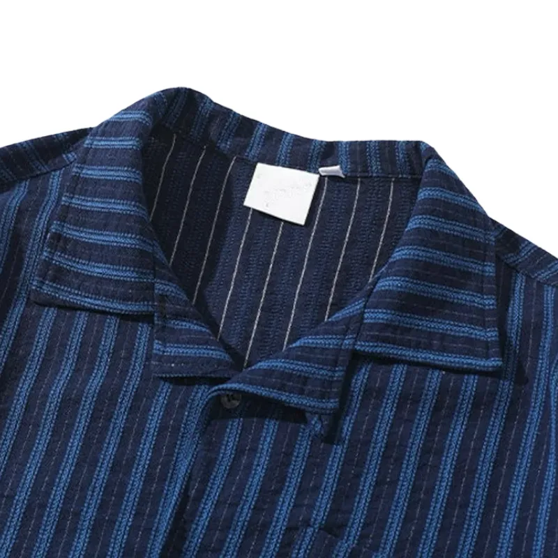 Indigo dobby stripe oversize camp shirt
