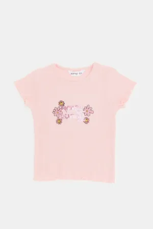 Infant Girls Pink Solid Ribbed T-Shirt