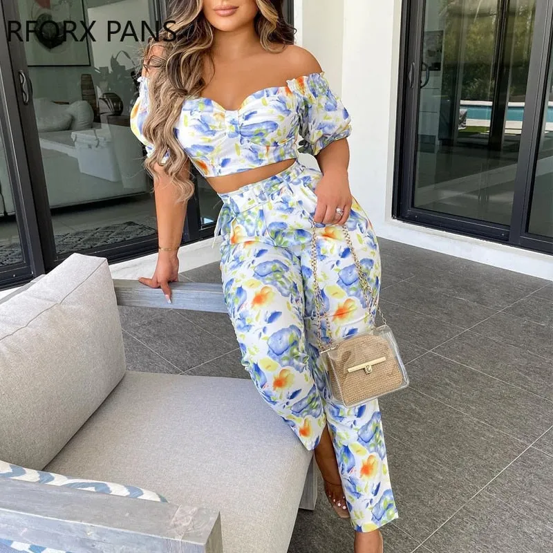Joskaa Back to College Women Clothes Floral Print Short Sleeve Cropped T-shirts With Pants Sexy Sets Casual Look for Women 2024