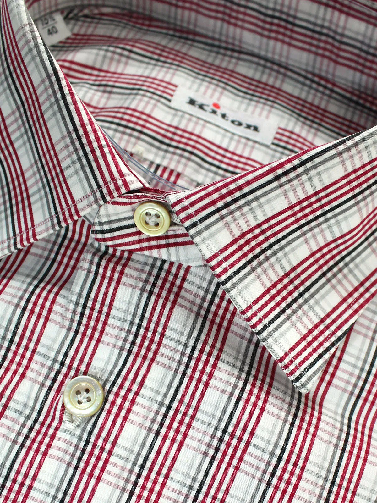 Kiton Short Sleeve Shirt Burgundy Gray Check 40 - 15 3/4 REDUCED SALE