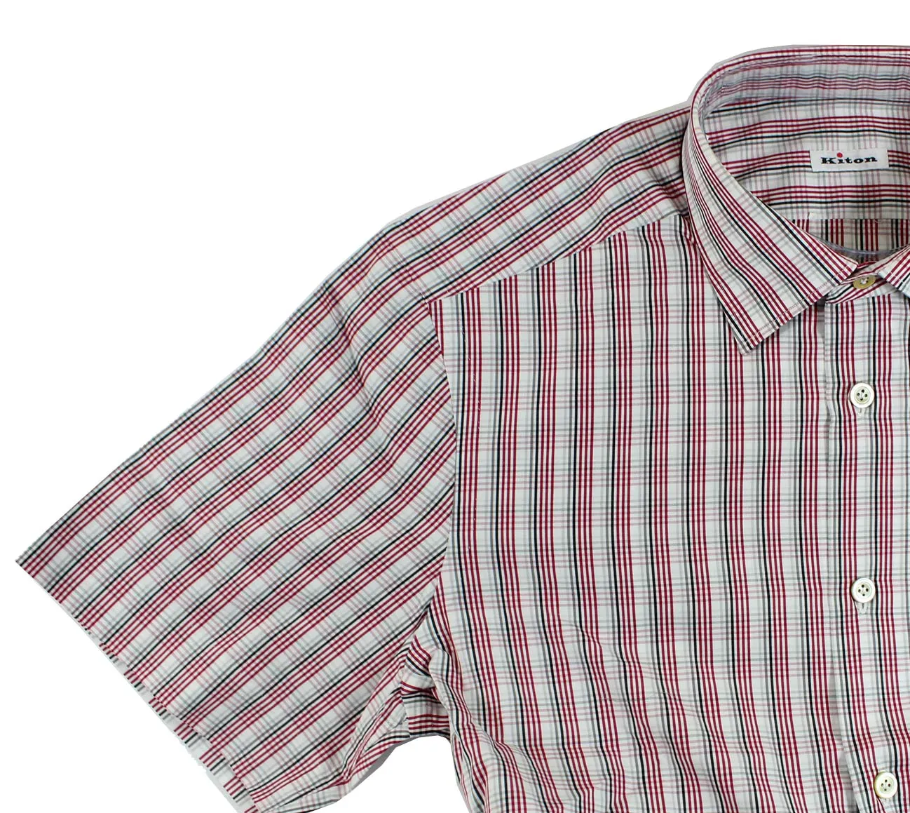 Kiton Short Sleeve Shirt Burgundy Gray Check 40 - 15 3/4 REDUCED SALE