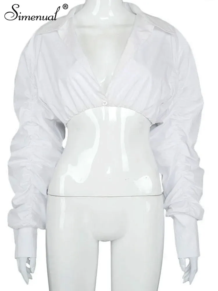 Kuala Button Ruched White Puff Sleeve Top (Baddie)