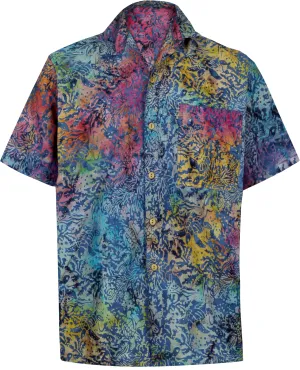 LA LEELA Men's Wear Summer Everyday Essentials Holiday Casual  Shirt 100% NATURAL COTTON  Hand Printed Blue Hawaiian Aloha shirt R_Blue_Yellow_Pink