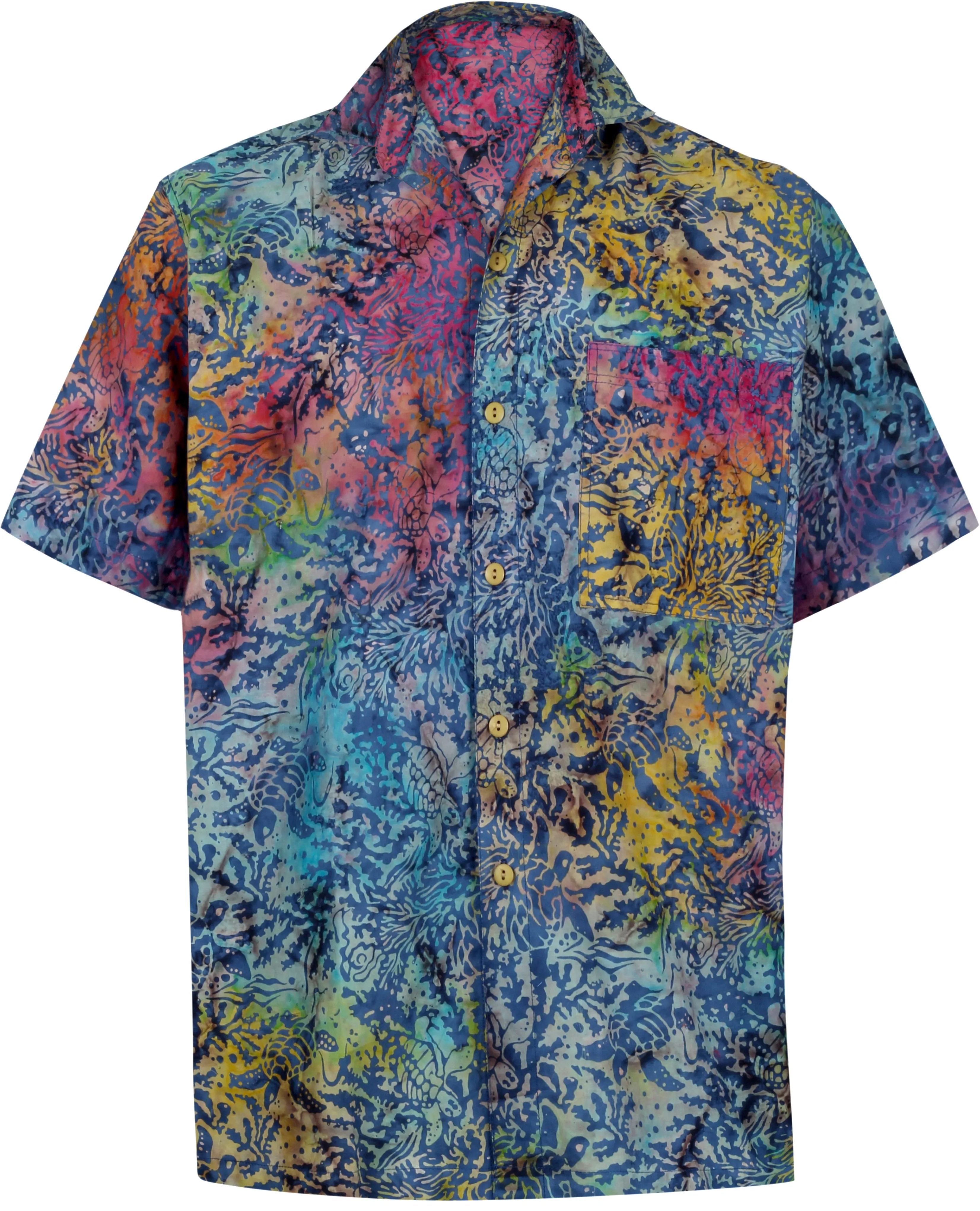 LA LEELA Men's Wear Summer Everyday Essentials Holiday Casual  Shirt 100% NATURAL COTTON  Hand Printed Blue Hawaiian Aloha shirt R_Blue_Yellow_Pink