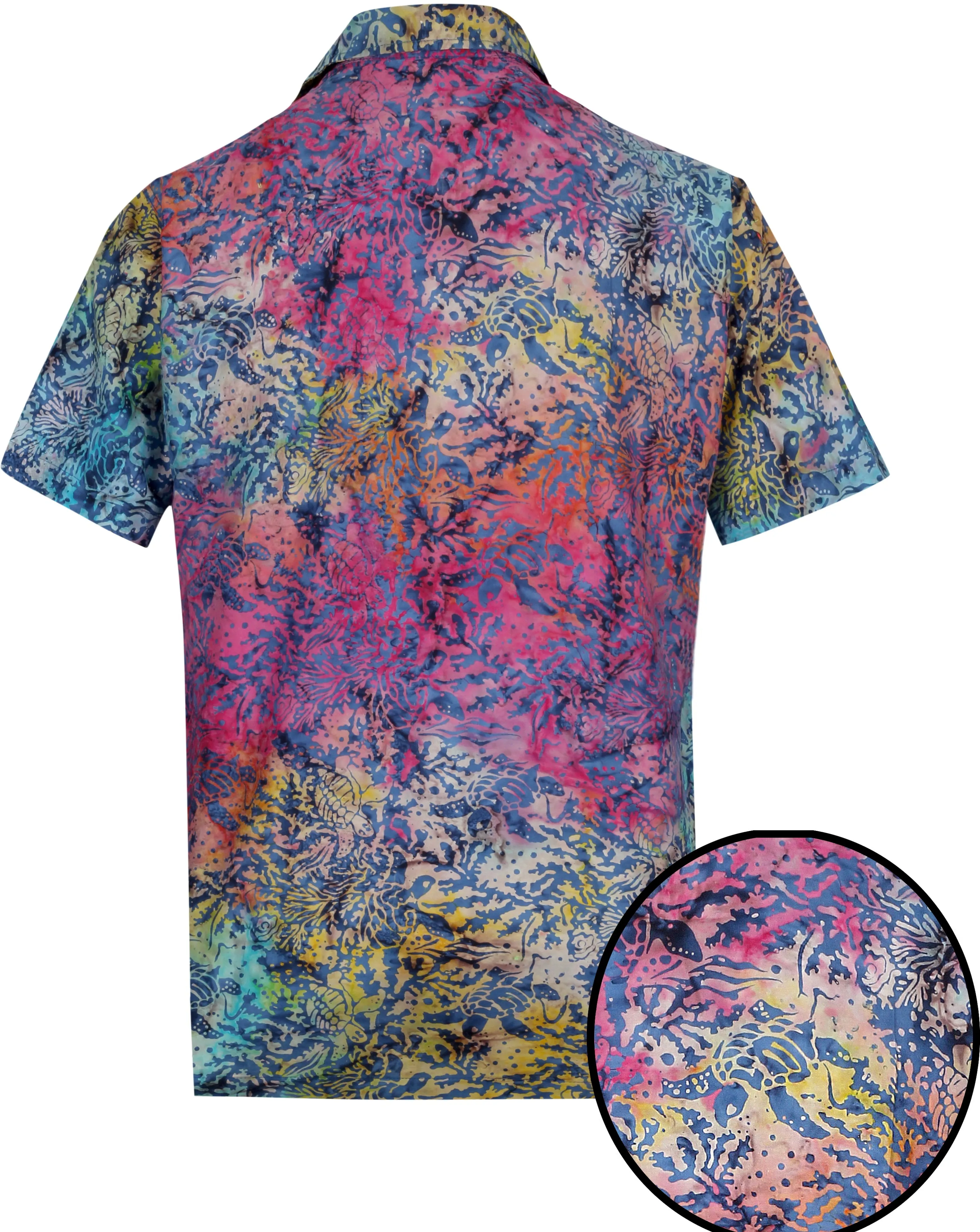 LA LEELA Men's Wear Summer Everyday Essentials Holiday Casual  Shirt 100% NATURAL COTTON  Hand Printed Blue Hawaiian Aloha shirt R_Blue_Yellow_Pink