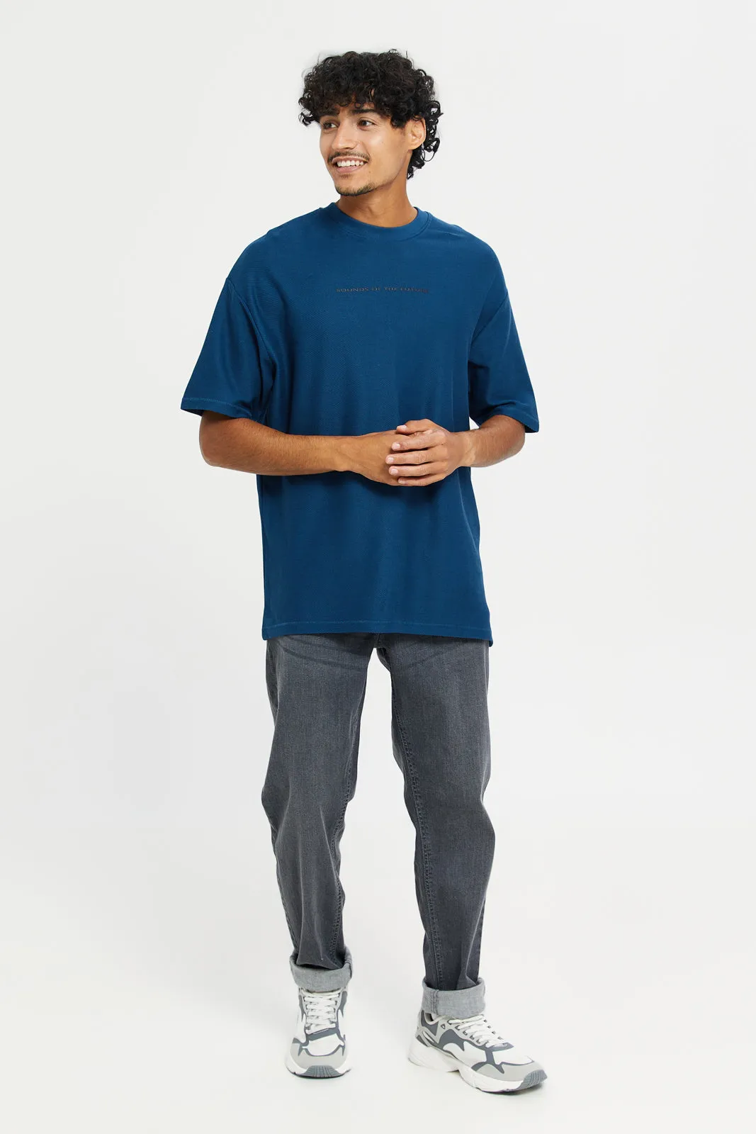 Men Blue Printed Oversize T-Shirt