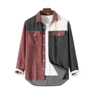 Men Corduroy Plaid Patchwork Color Block Turn Down Collar Long Sleeve Casual Shirts