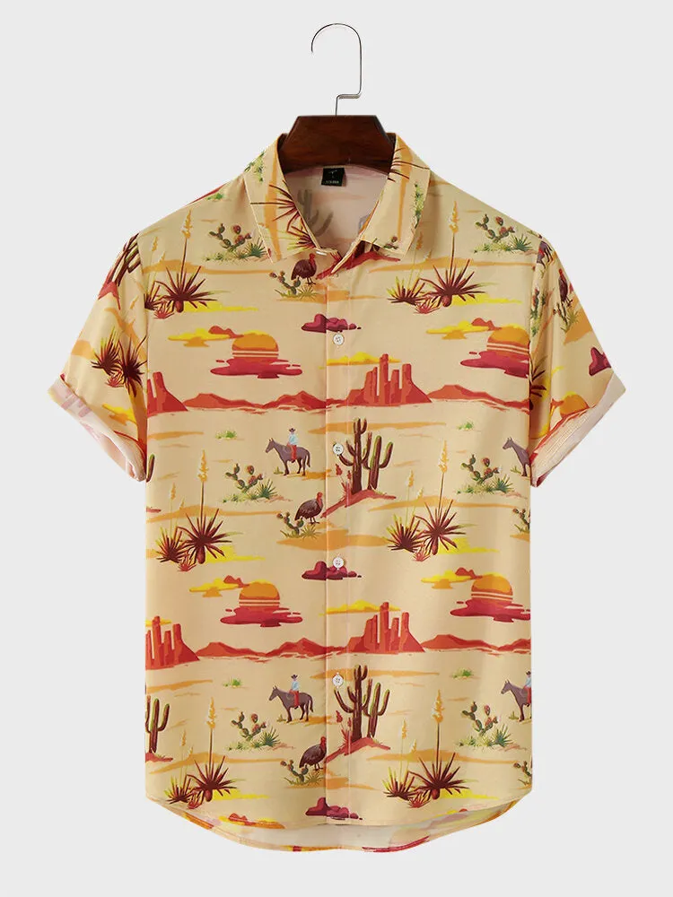 Men Dessert Landscape Print Plants Paradise Short Sleeve Casual Shirts