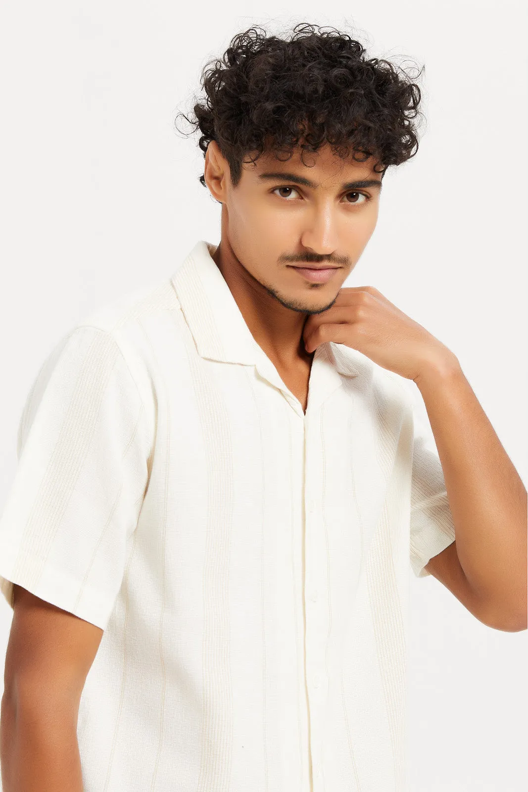 Men Plain Beige Textured Collar Shirt