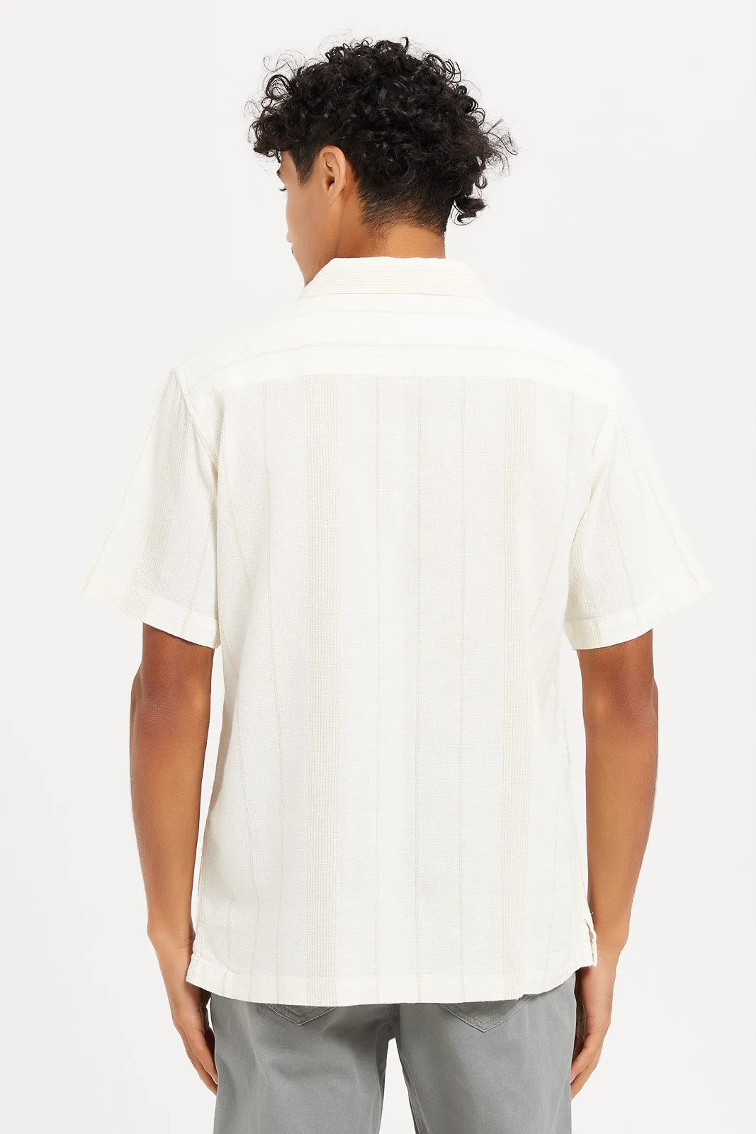 Men Plain Beige Textured Collar Shirt