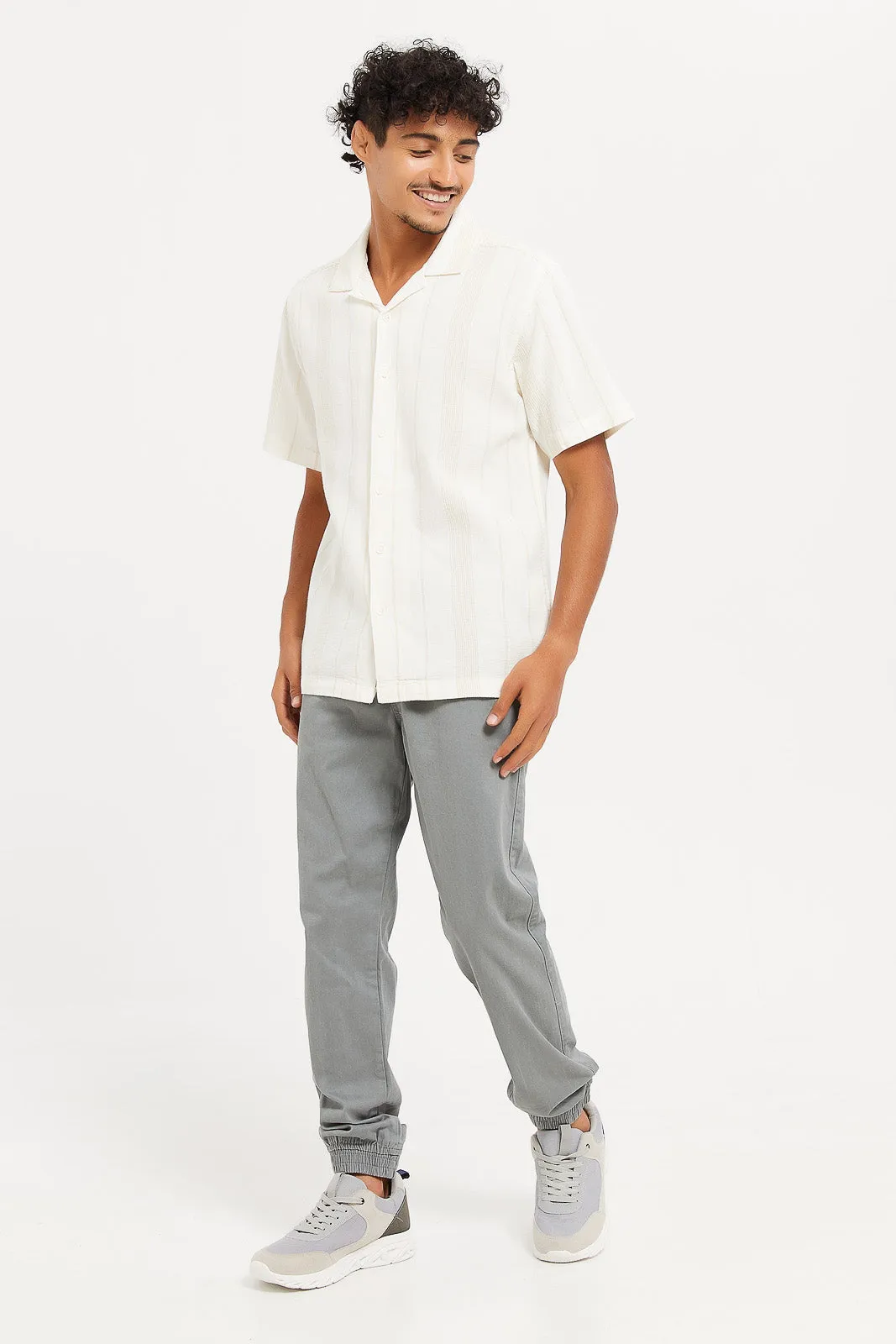 Men Plain Beige Textured Collar Shirt