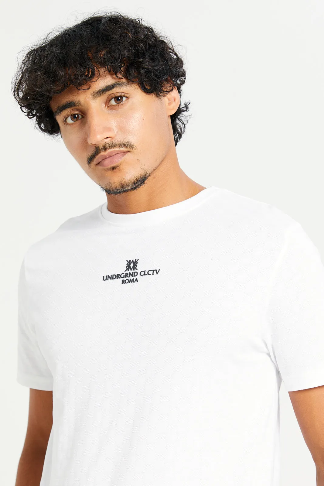 Men White Jacquard T-Shirt With Motive Print