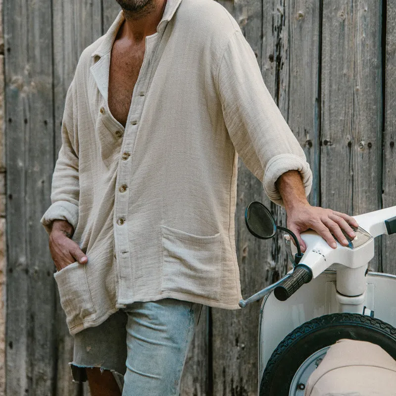 Mens Button-Up Shirt  Cotton Linen Blend  Relaxed Fit  Long Sleeve Casual Style