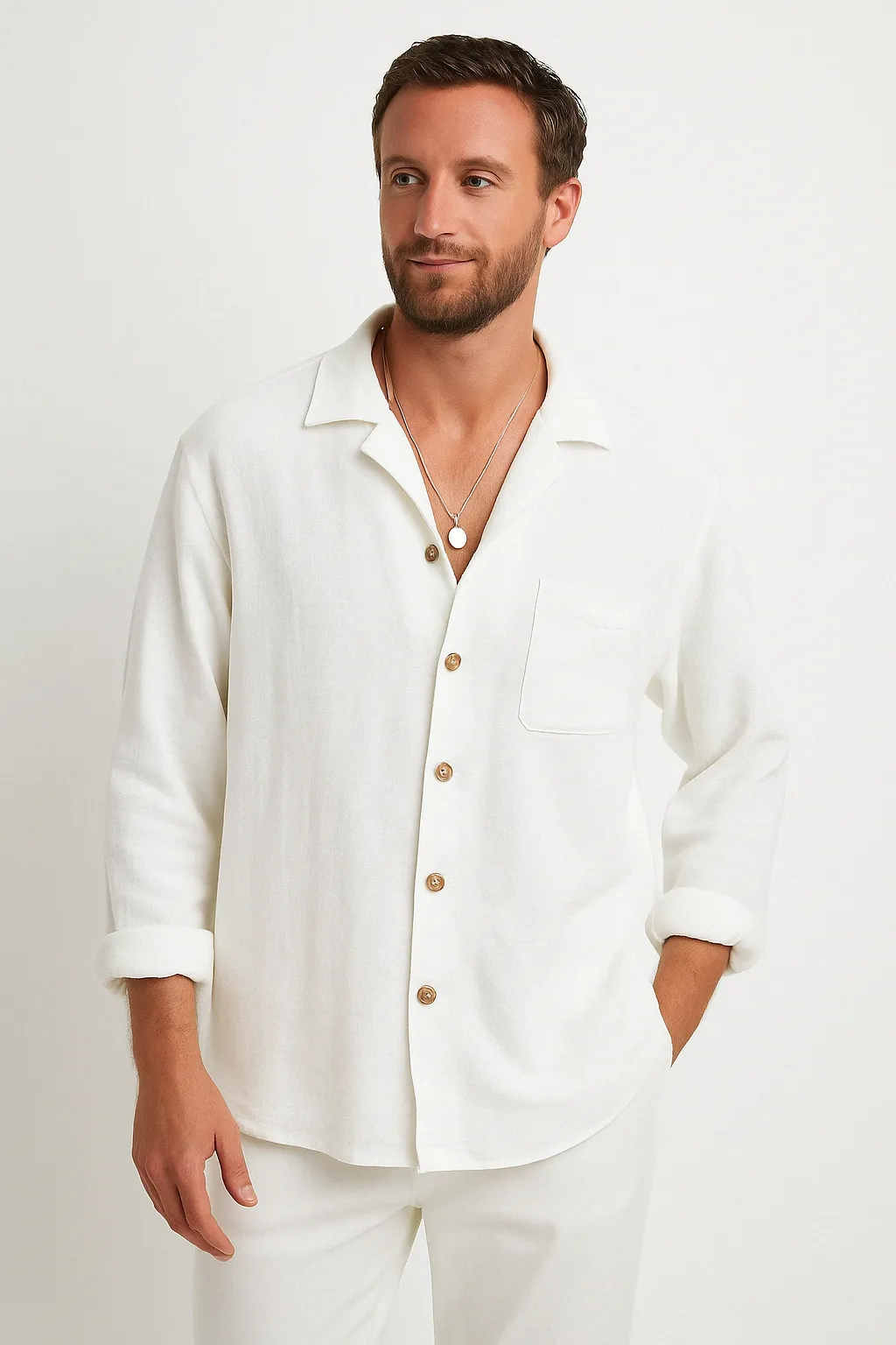 Mens Button-Up Shirt  Cotton Linen Blend  Relaxed Fit  Long Sleeve Casual Style