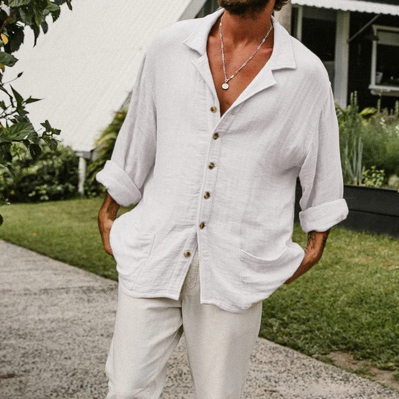 Mens Button-Up Shirt  Cotton Linen Blend  Relaxed Fit  Long Sleeve Casual Style