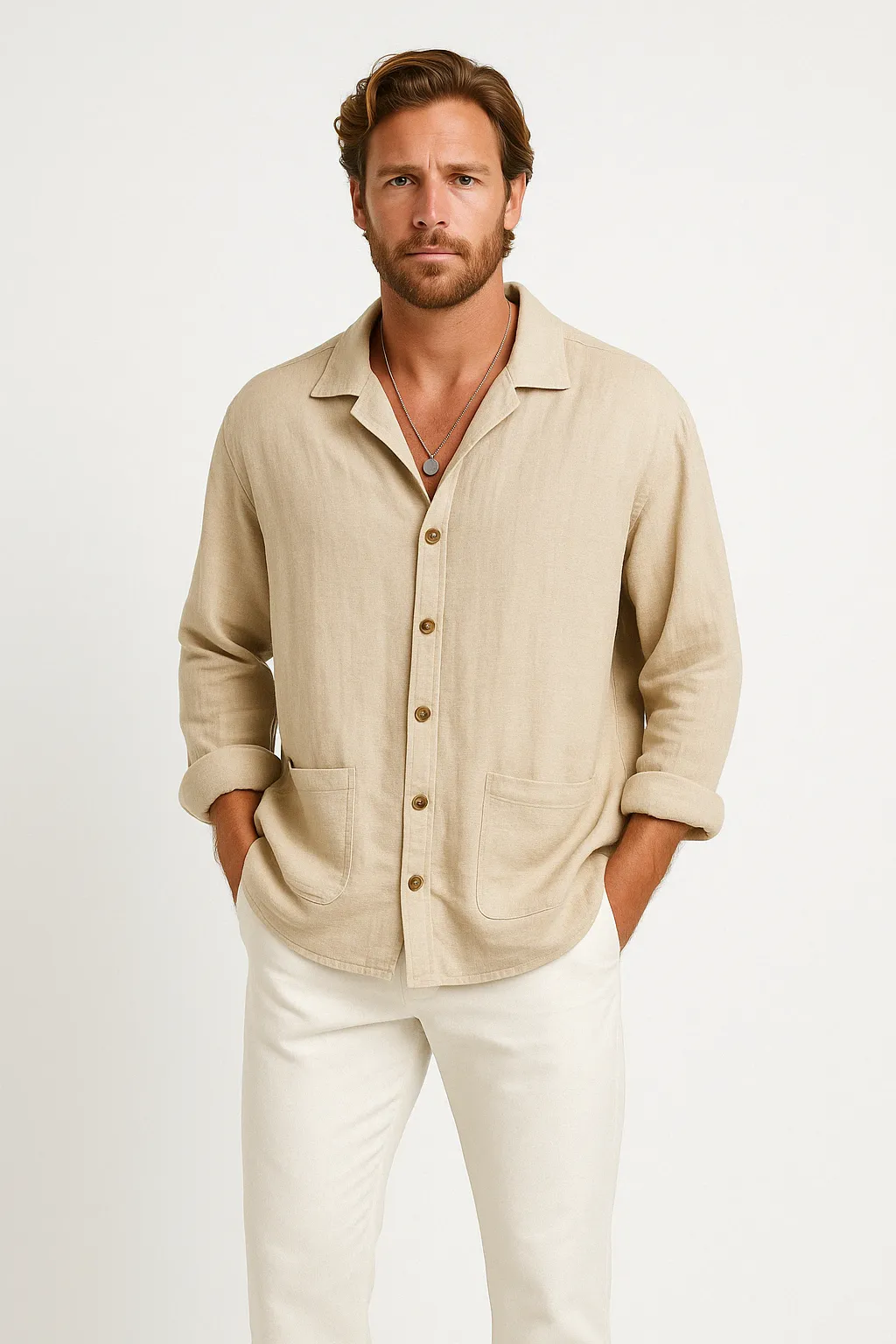 Mens Button-Up Shirt  Cotton Linen Blend  Relaxed Fit  Long Sleeve Casual Style