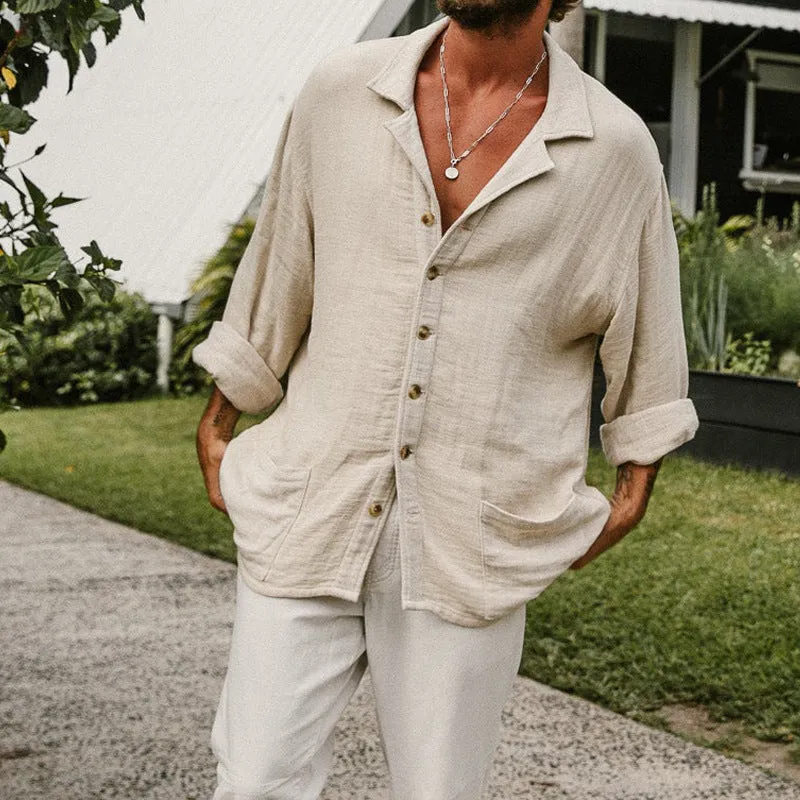 Mens Button-Up Shirt  Cotton Linen Blend  Relaxed Fit  Long Sleeve Casual Style