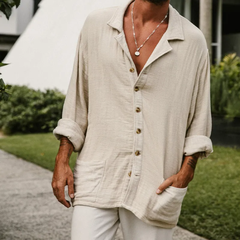 Mens Button-Up Shirt  Cotton Linen Blend  Relaxed Fit  Long Sleeve Casual Style