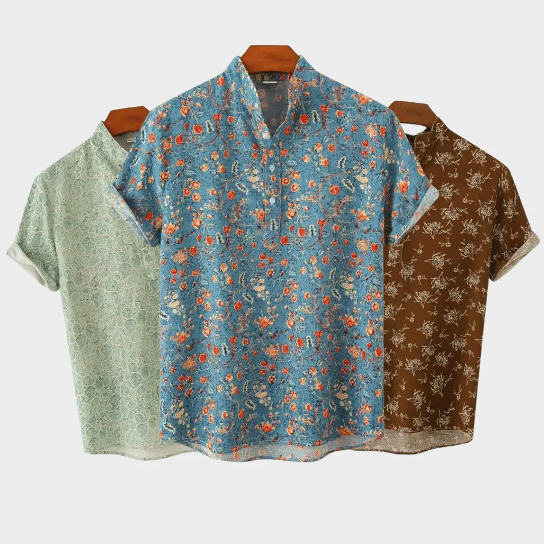 Mens Button-Up Shirt - Floral Print - Regular Fit - Short Sleeve Casual Wear