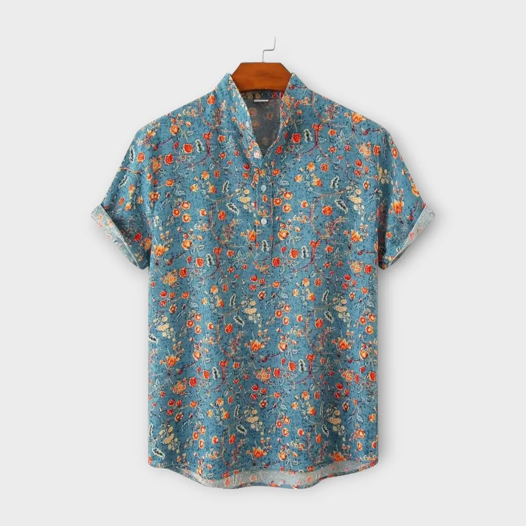 Mens Button-Up Shirt - Floral Print - Regular Fit - Short Sleeve Casual Wear