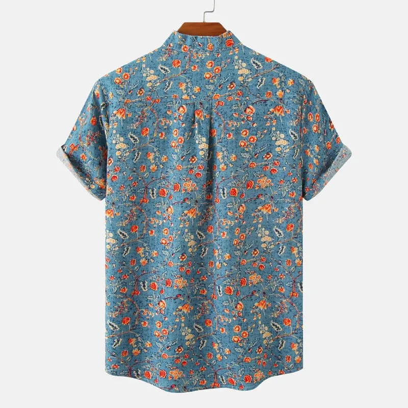 Mens Button-Up Shirt - Floral Print - Regular Fit - Short Sleeve Casual Wear