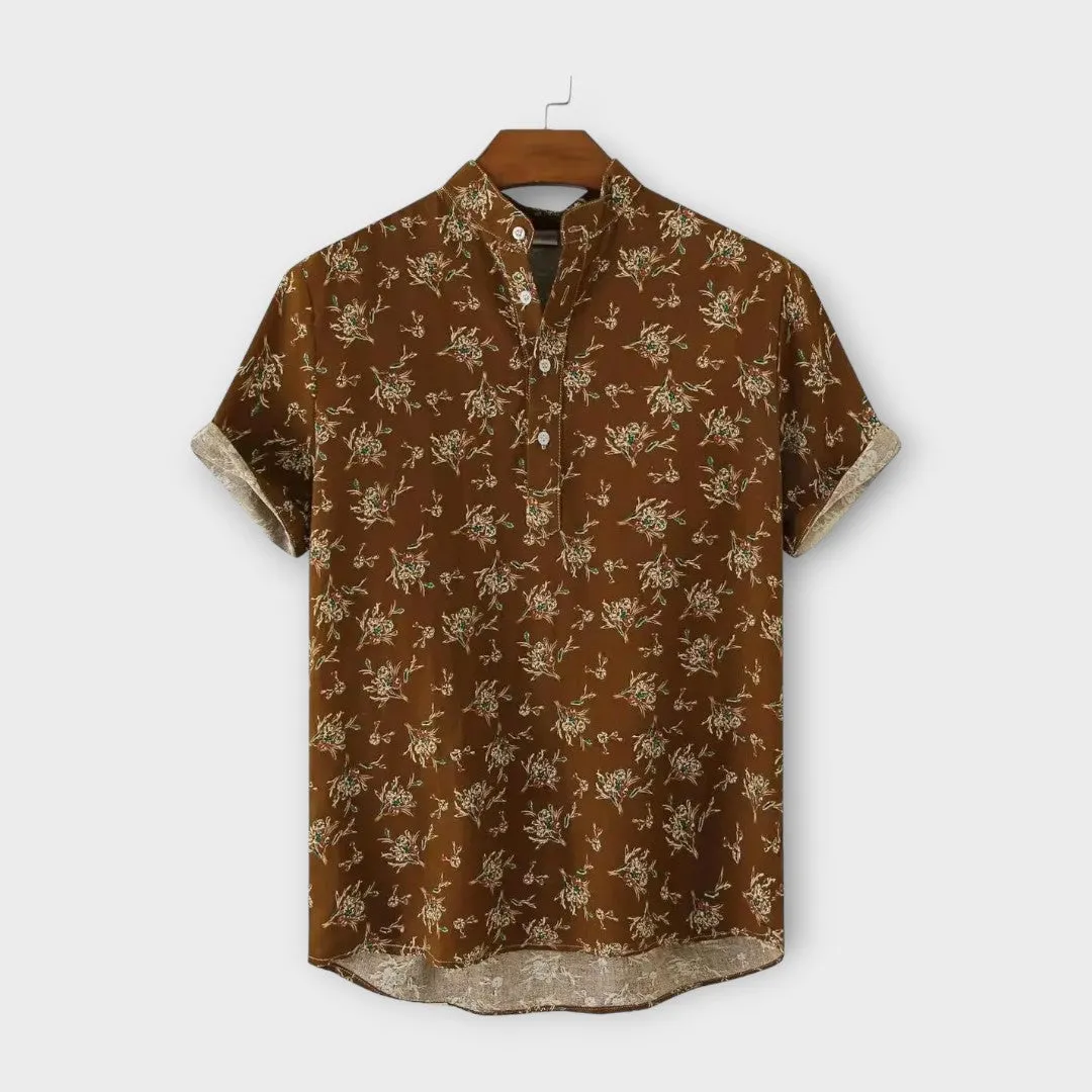 Mens Button-Up Shirt - Floral Print - Regular Fit - Short Sleeve Casual Wear