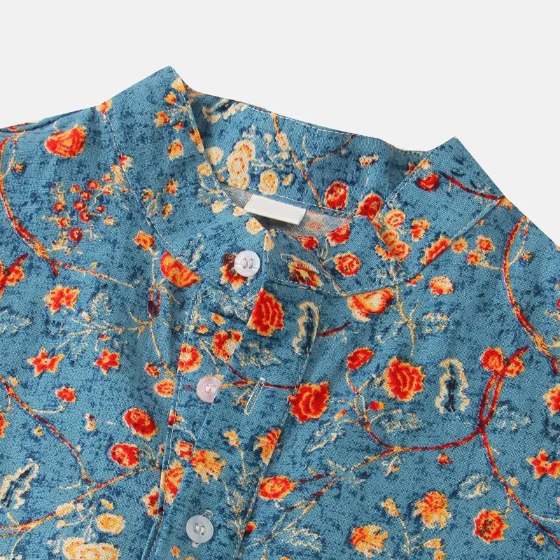 Mens Button-Up Shirt - Floral Print - Regular Fit - Short Sleeve Casual Wear