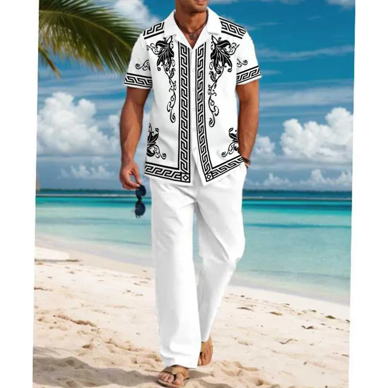 Men's Casual Printed Short Sleeve Shirt and Pants Set 11351132YM