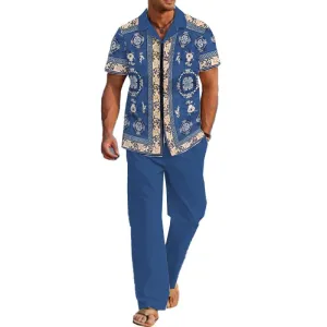 Men's Casual Printed Short Sleeve Shirt and Pants Set 26114280YM
