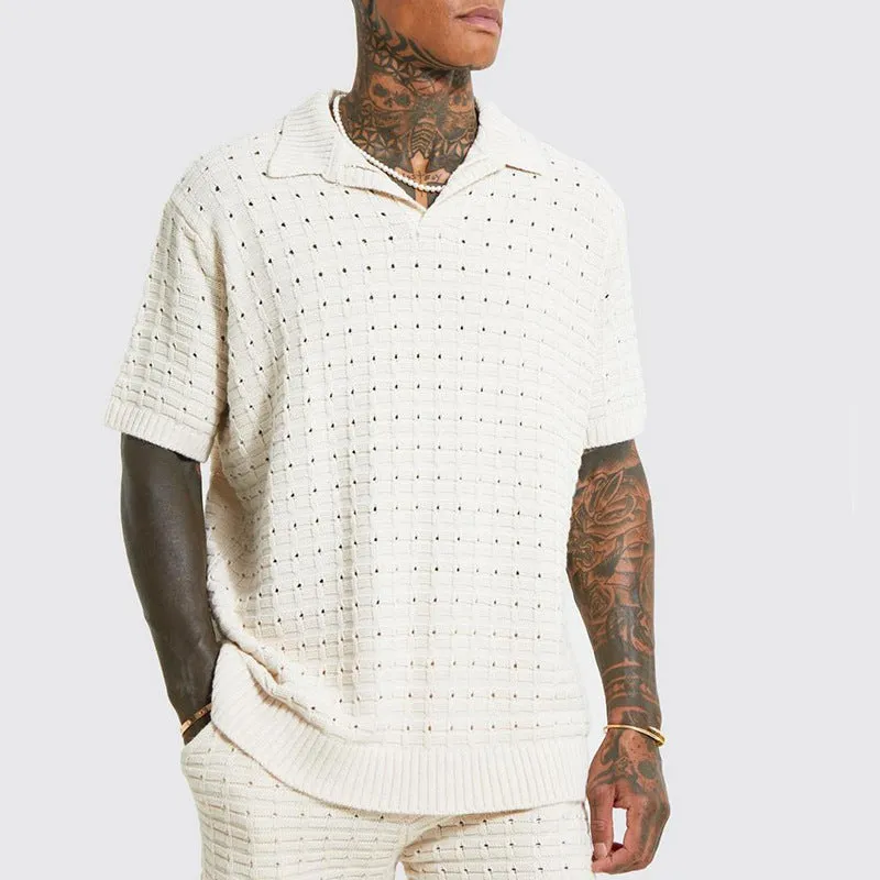 Mens Knit Polo Shirt  Relaxed Fit  V-Neck  Short Sleeve  Breathable Ribbed Hem