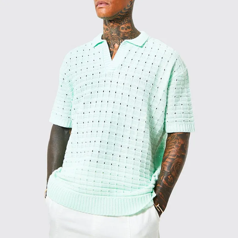 Mens Knit Polo Shirt  Relaxed Fit  V-Neck  Short Sleeve  Breathable Ribbed Hem