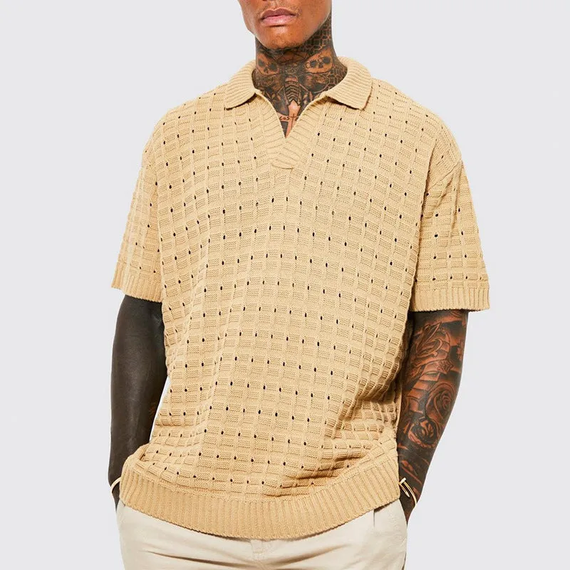 Mens Knit Polo Shirt  Relaxed Fit  V-Neck  Short Sleeve  Breathable Ribbed Hem