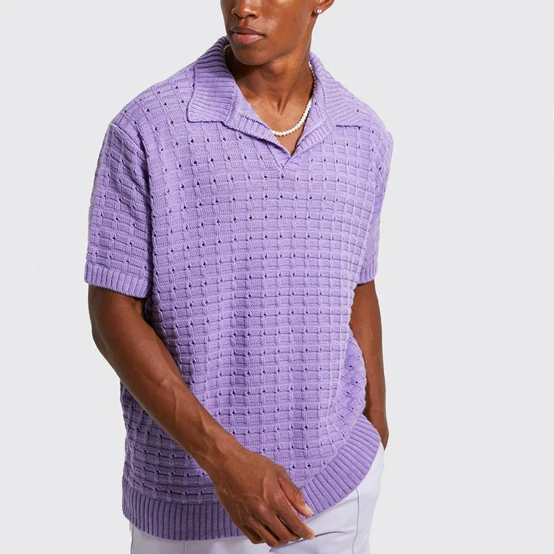 Mens Knit Polo Shirt  Relaxed Fit  V-Neck  Short Sleeve  Breathable Ribbed Hem