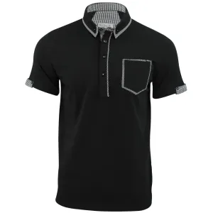 Mens Polo Shirt Xact Clothing Cotton Rich Gingham Collar & Trims Stretch Lycra (Black)