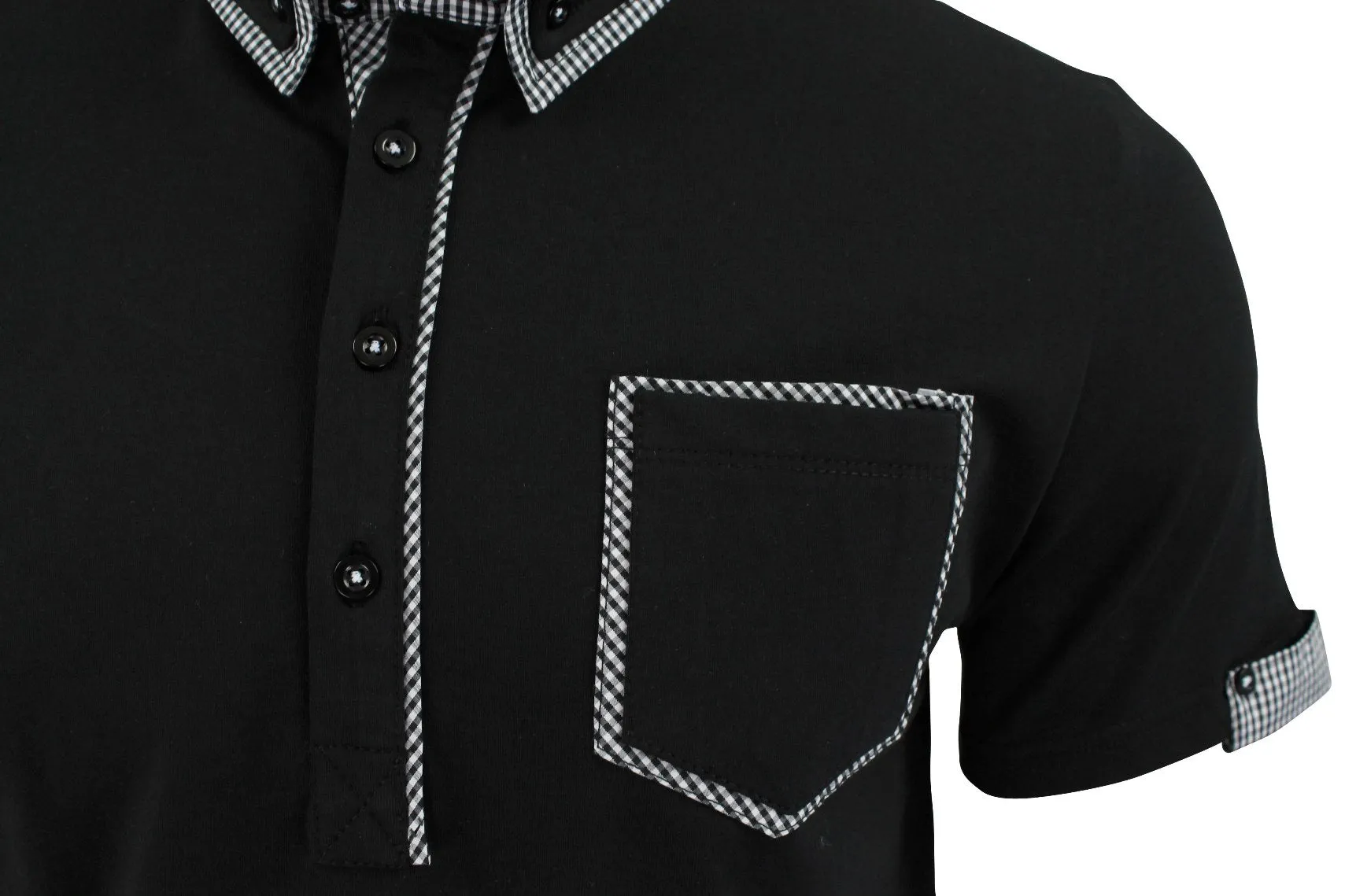Mens Polo Shirt Xact Clothing Cotton Rich Gingham Collar & Trims Stretch Lycra (Black)